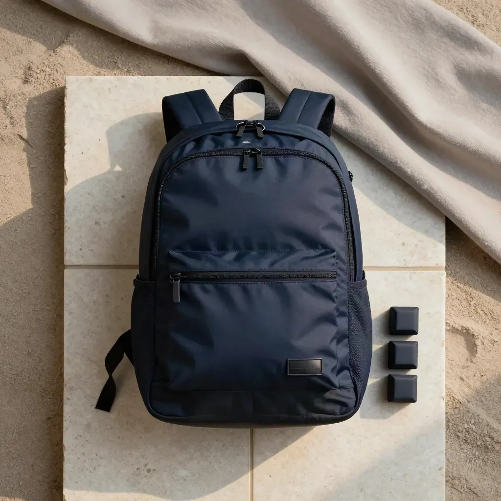 Mochila de viaje azul marino con cubos de equipaje sobre travertino claro.