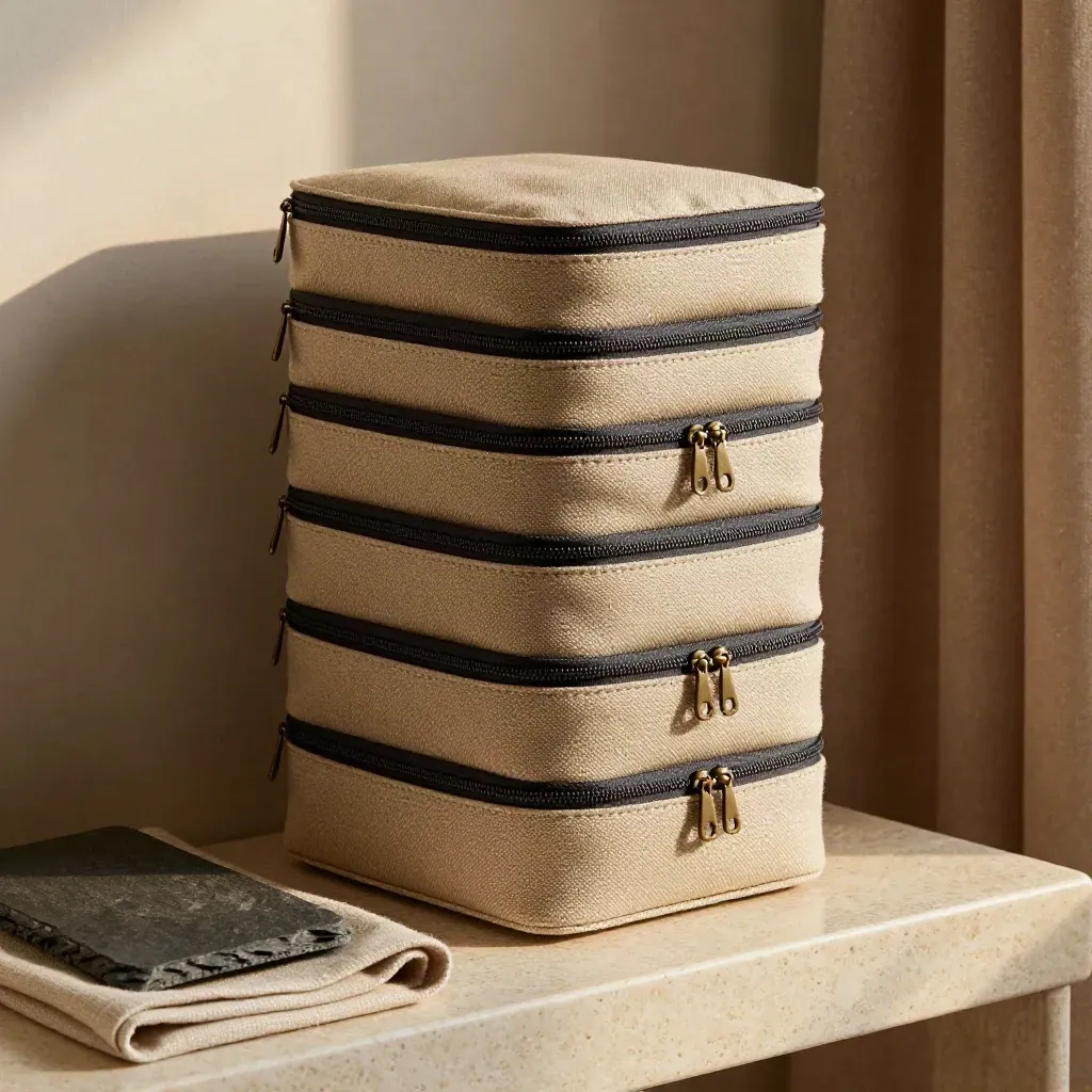 Set de organizadores de viaje beige y pizarra sobre travertino, con luz suave y detalle premium.